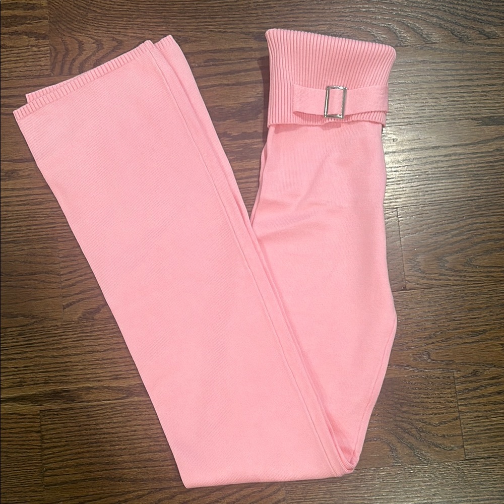 Pink Knit Foldover Pants with Buckle Detail